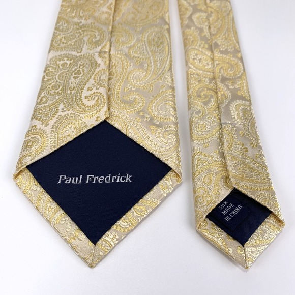 Paul Fredrick Mens Tie Gold on Ivory Large Paisley Design 100% Silk Neckwear - Picture 4 of 6